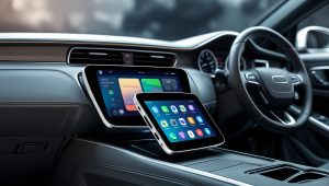 Carplay multimedia portable connects to car speakers