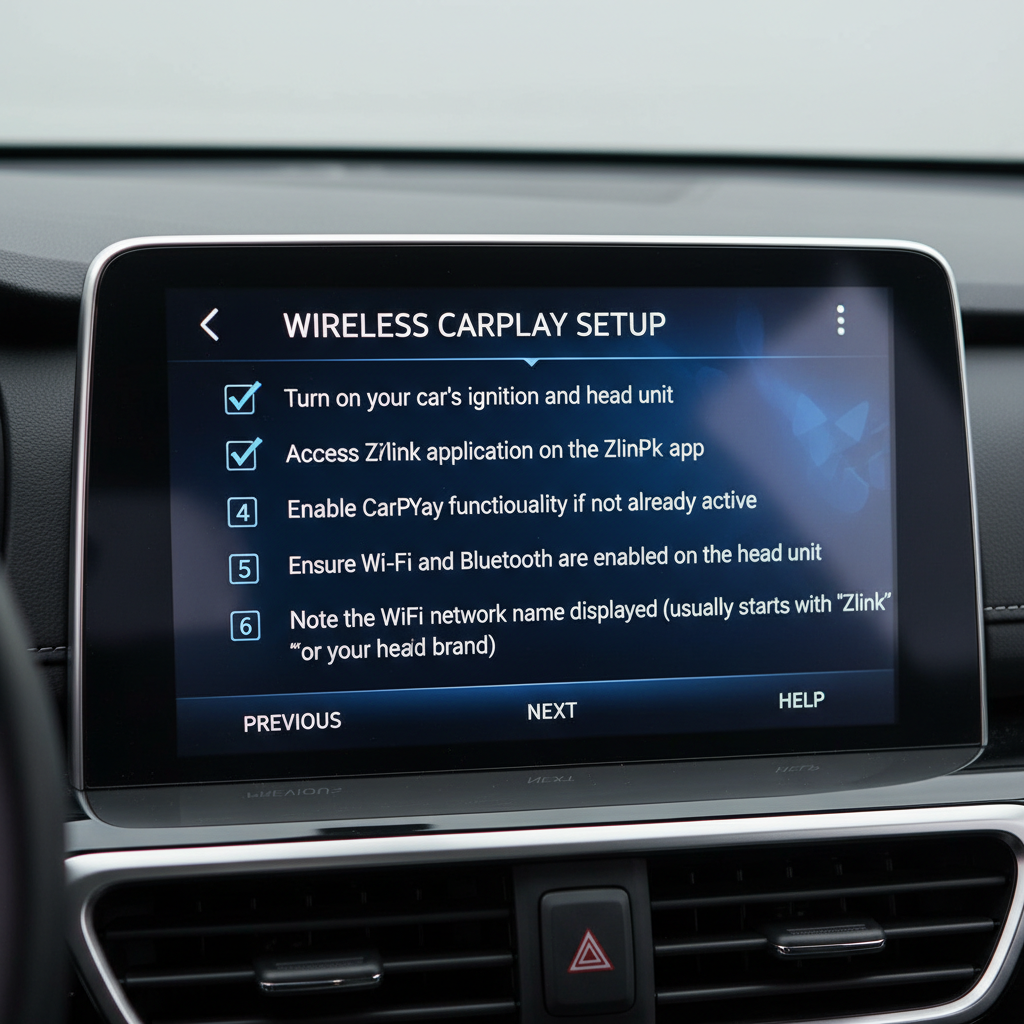 Create Screenshot of the tasks stated "Turn on your car's ignition and head unit
 2. Access the Zlink application on your car's display
 3. Navigate to Settings within the Zlink app
 4. Enable CarPlay functionality if not already active
 5. Ensure Wi-Fi and Bluetooth are enabled on the head unit
 6. Note the Wi-Fi network name displayed (usually starts with "Zlink" or your head unit brand)"