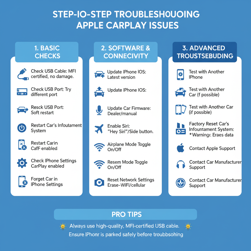 Make infographics of Step-by-Step Troubleshooting Process of Fixing Apple carplay issues"