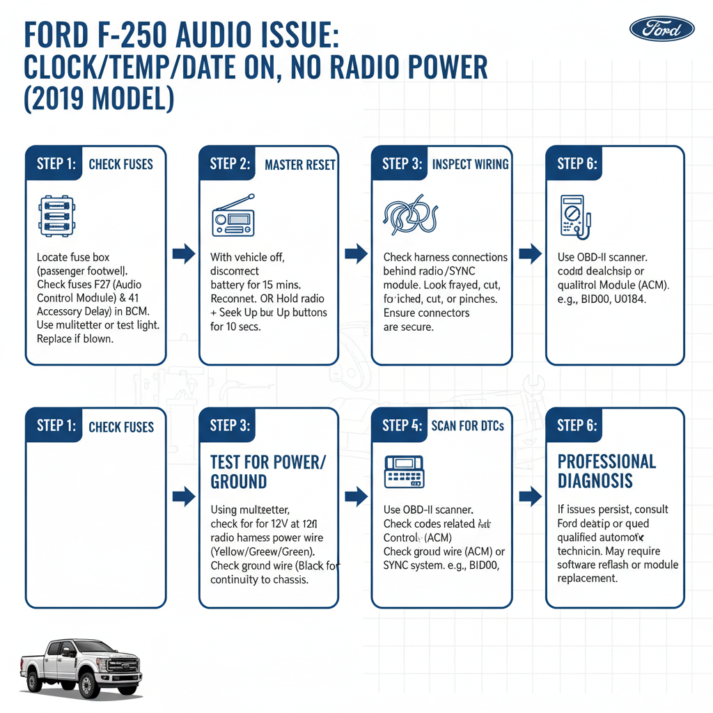Step-by-Step Troubleshooting Process of clock, temp and date power up but the radio does not power up 2019 ford f250