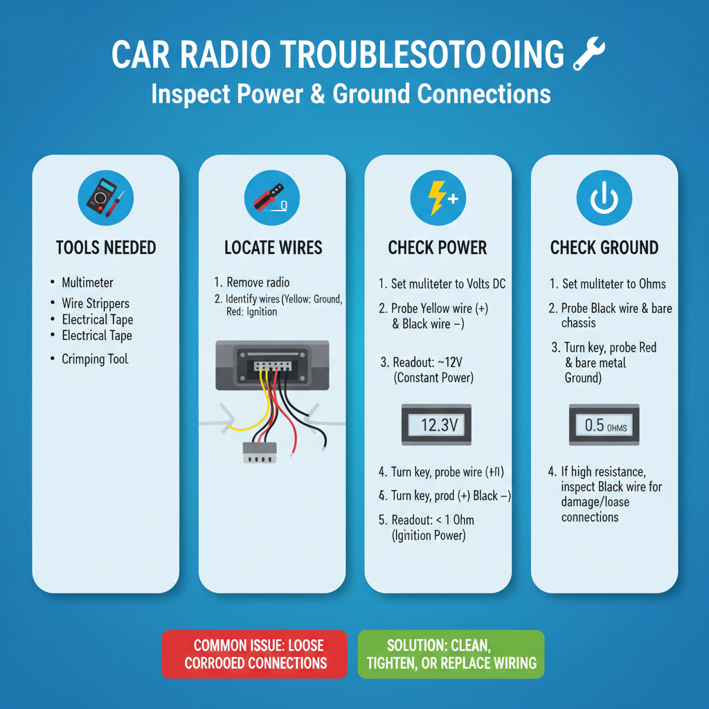 Inspect Power and Ground Connections in Car Radio