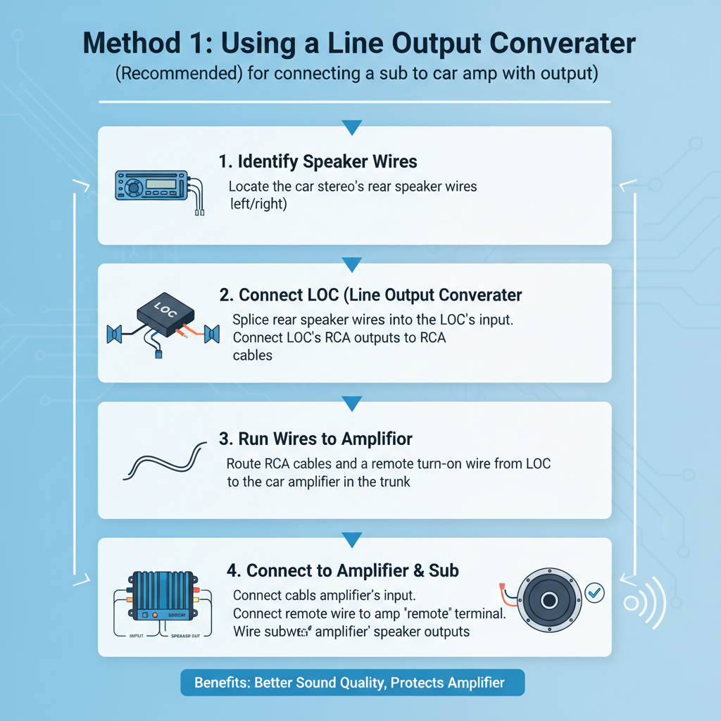 Method 1: Using a Line Output Converter for connecting a sub 2 a car amp with output (Recommended)