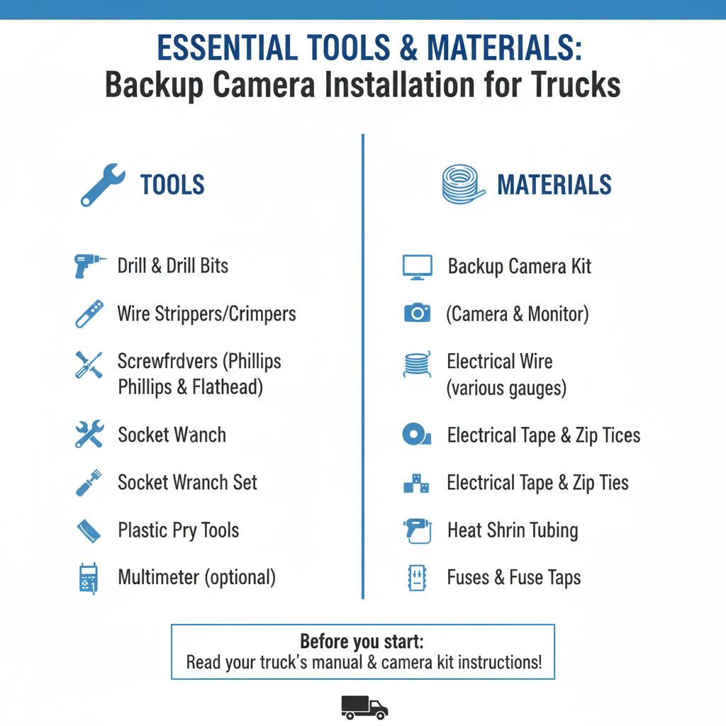 Essential Tools and Materials to install a backup camera in a truck
